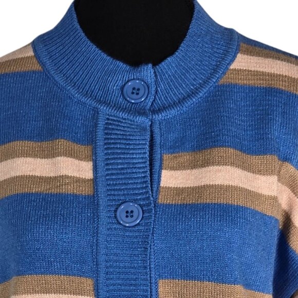 NWOT | Blue Tan Striped Button Up Cardigan Sweater Collarless Crewneck | Medium - Picture 3 of 5